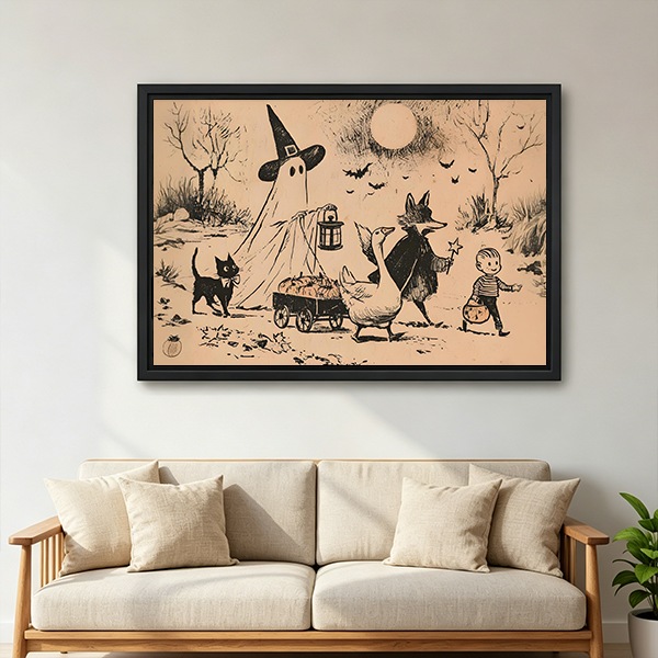 Woman holding framed Halloween parade canvas wall art featuring a witch-hatted ghost, black cat, goose, fox, and child.
