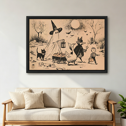 Woman holding framed Halloween parade canvas wall art featuring a witch-hatted ghost, black cat, goose, fox, and child.