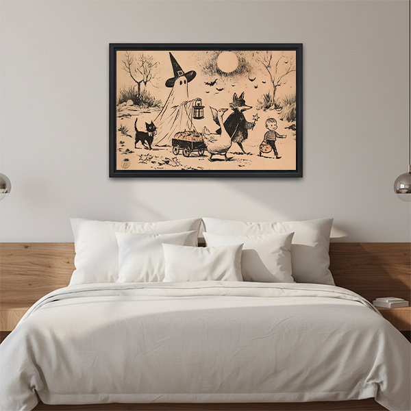 Framed Halloween parade canvas wall art with a full moon and flying bats above a wooden console beside a lantern.