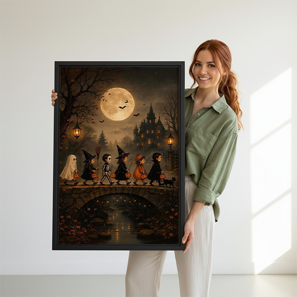 Black-framed Halloween parade canvas wall art depicting costumed trick-or-treaters on a stone bridge, displayed between potted plants.