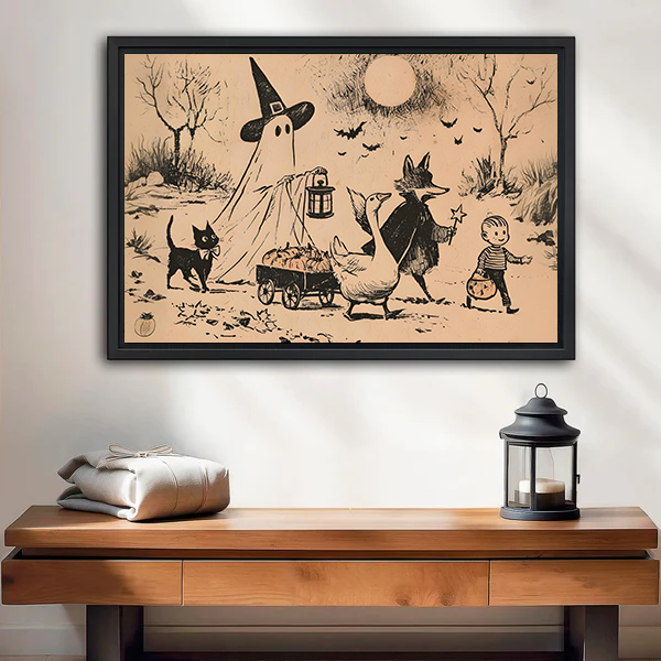 Framed vintage Halloween parade canvas wall art with a ghost and storybook animals above a bed with white bedding.