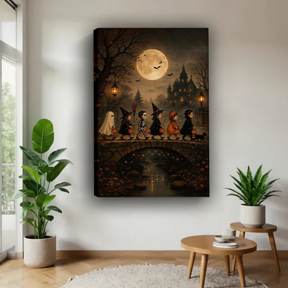 Framed Halloween parade canvas wall art with a glowing full moon above a cream sofa in a bright living room.