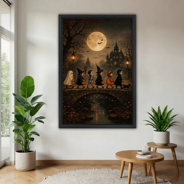 Vintage storybook Halloween parade canvas wall art in a black frame beside a rattan bed with terracotta bedding.