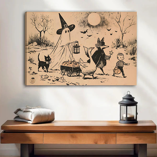 Black-framed Halloween parade canvas wall art featuring a lantern-carrying ghost, goose, and cloaked fox above a cream sofa.