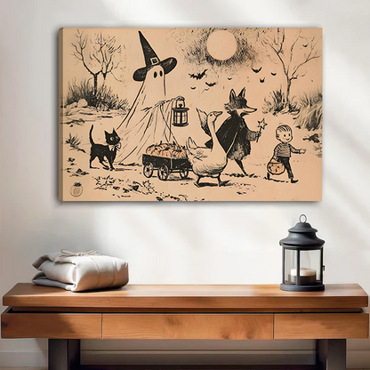 Black-framed Halloween parade canvas wall art featuring a lantern-carrying ghost, goose, and cloaked fox above a cream sofa.
