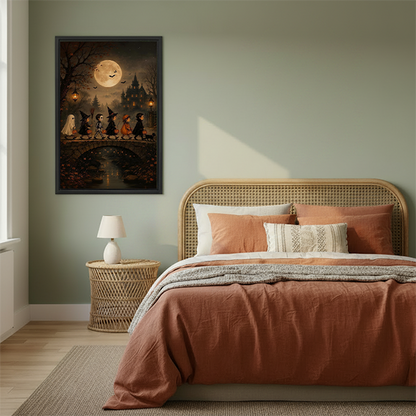Gallery-wrap Halloween parade canvas wall art with a golden moon and castle, displayed above wooden tables beside plants.