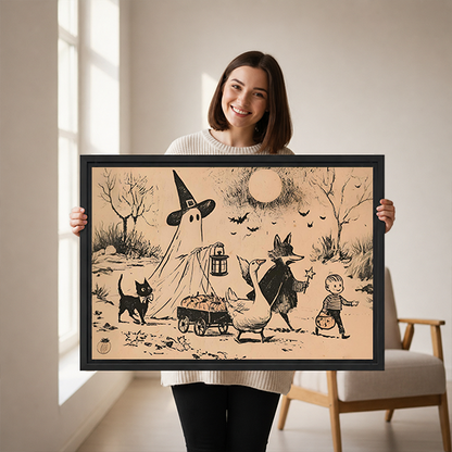 Gallery-wrap Halloween parade canvas wall art with parchment tones and black linework above a wooden console with a lantern.