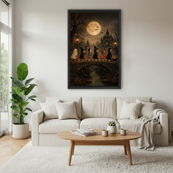Woman holding framed Halloween parade canvas wall art featuring a moonlit stone bridge, costumed figures, and a shadowy castle.