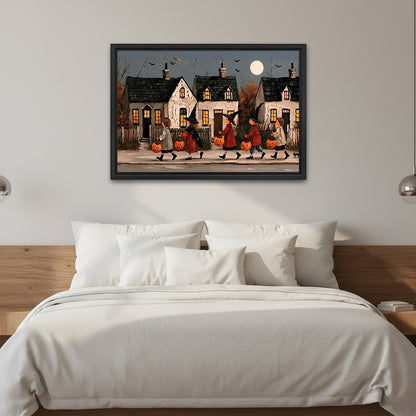 Framed vintage Halloween parade canvas wall art above a white bed with a wooden headboard