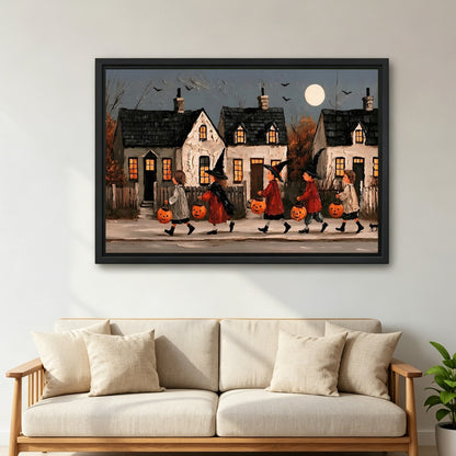 Large framed vintage Halloween parade canvas wall art above a cream sofa with matching cushions