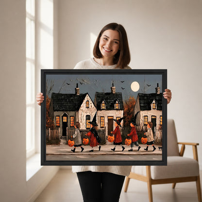 Woman holding framed Halloween parade canvas wall art featuring trick-or-treaters with pumpkin buckets beneath a full moon