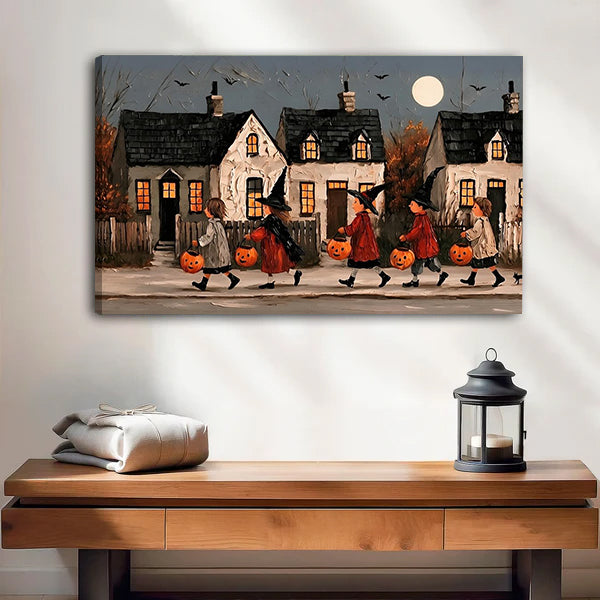 Gallery-wrap Halloween parade canvas wall art with visible left canvas edge above a wooden bench and lantern