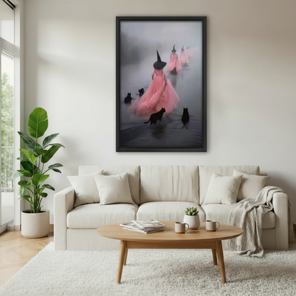 Pink-gowned witches and black cats in silvery fog framed portrait canvas above cream linen sofa