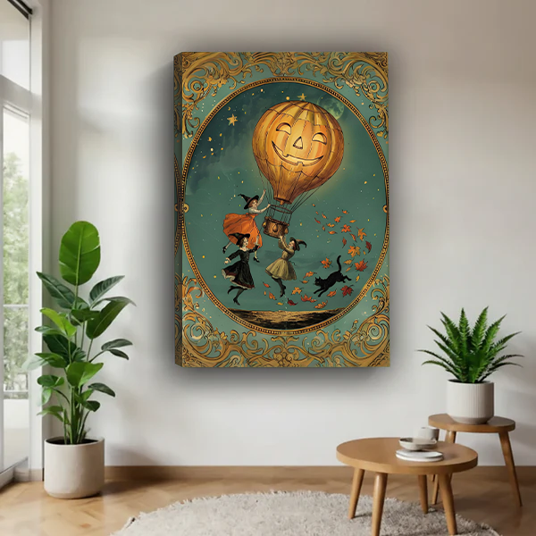 Halloween pumpkin balloon canvas wall art above a bedroom, showing witches floating beneath a glowing jack-o-lantern