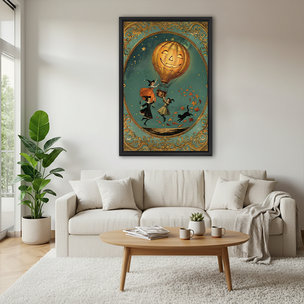 Halloween pumpkin balloon canvas wall art in a bright room, showing a jack-o-lantern balloon with witches below