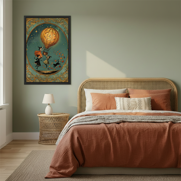 Framed Halloween pumpkin balloon canvas wall art above a console, featuring a glowing balloon and ornate borders