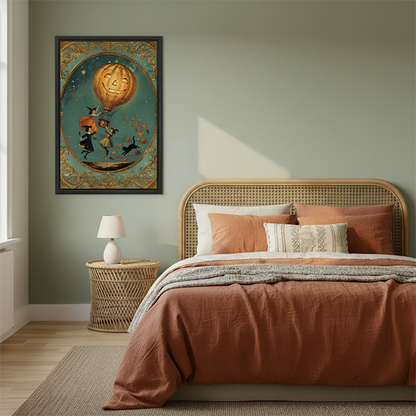 Framed Halloween pumpkin balloon canvas wall art above a console, featuring a glowing balloon and ornate borders