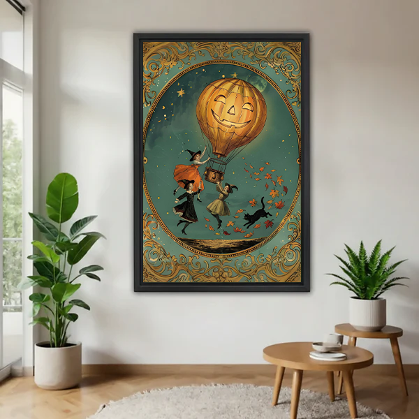 Woman holding Halloween pumpkin balloon canvas wall art with witches, black cat, stars, and ornate vintage borders