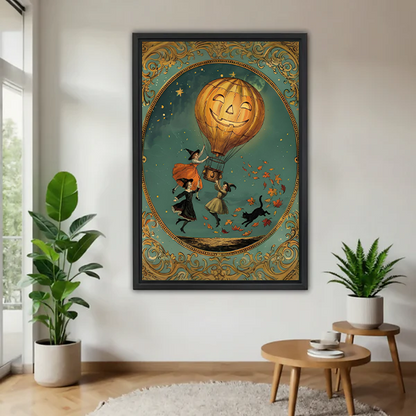Woman holding Halloween pumpkin balloon canvas wall art with witches, black cat, stars, and ornate vintage borders