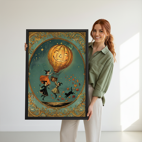 Framed Halloween pumpkin balloon canvas wall art above a sofa, featuring witches, a black cat, and autumn leaves