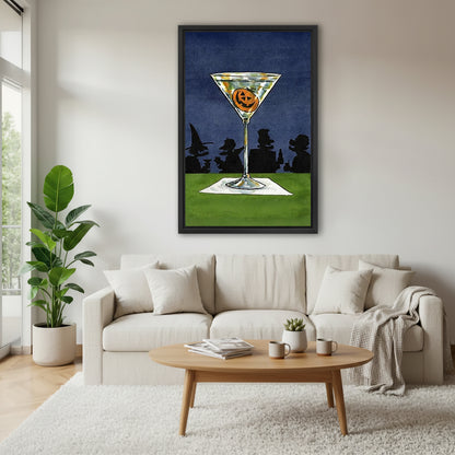 Halloween pumpkin martini cocktail retro art witch silhouette green lawn blue night sky black framed canvas wall art above wide cream linen sofa with oval wood coffee table and gray knit throw