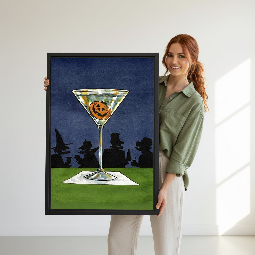 Smiling redhead woman holding large Halloween pumpkin martini cocktail retro art black framed canvas wall art size reference in bright white room with natural side window light