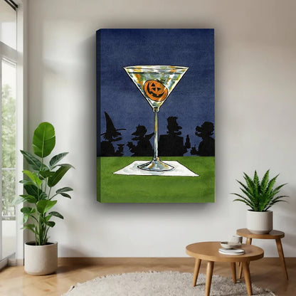 Halloween pumpkin jack-o-lantern martini cocktail retro art witch silhouette star night sky gallery wrap canvas wall art on white wall beside round wood side table with monstera and aloe plants