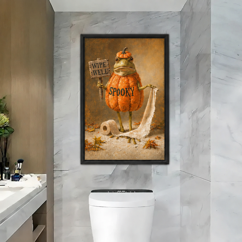 Black framed Halloween pumpkin frog canvas wall art on a grey marble wall above a modern toilet