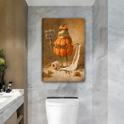 Unframed gallery-wrap Halloween pumpkin frog canvas wall art displayed on a marble bathroom wall