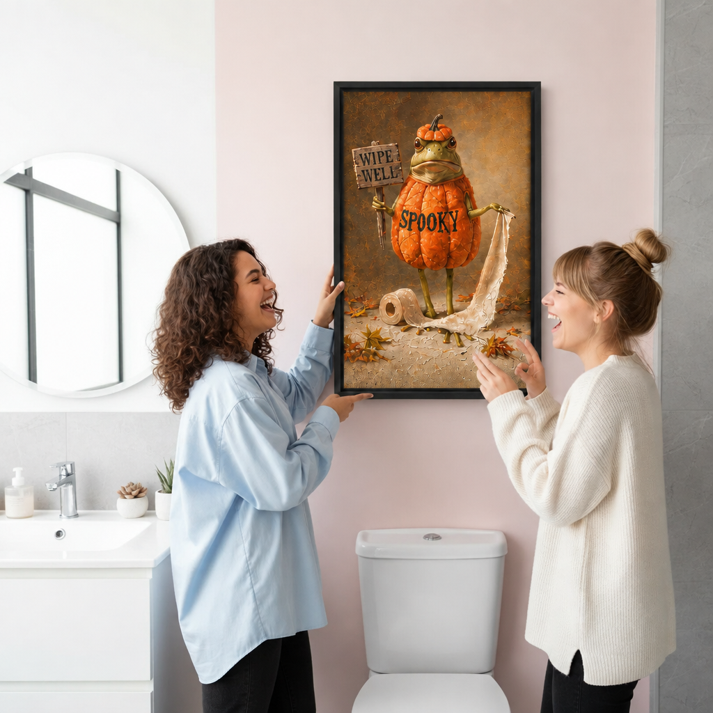 Two women laughing while hanging Halloween pumpkin frog canvas wall art in a pink bathroom