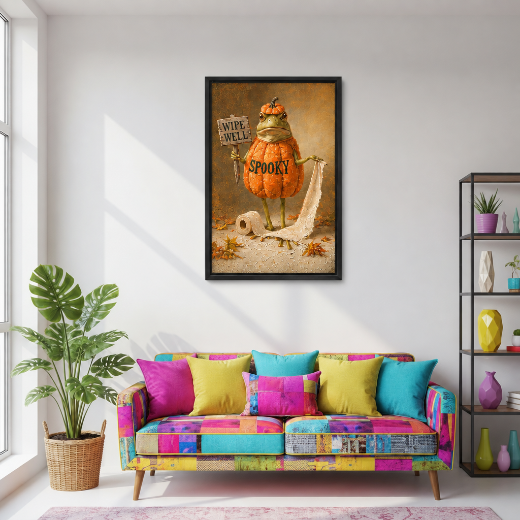 Framed Halloween pumpkin frog canvas wall art above a colorful patchwork sofa in a bright living room