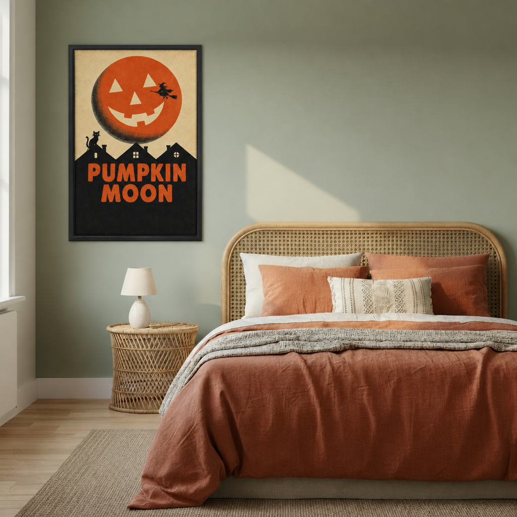 Halloween pumpkin moon canvas wall art decorates a bedroom wall above the bed in a black frame.
