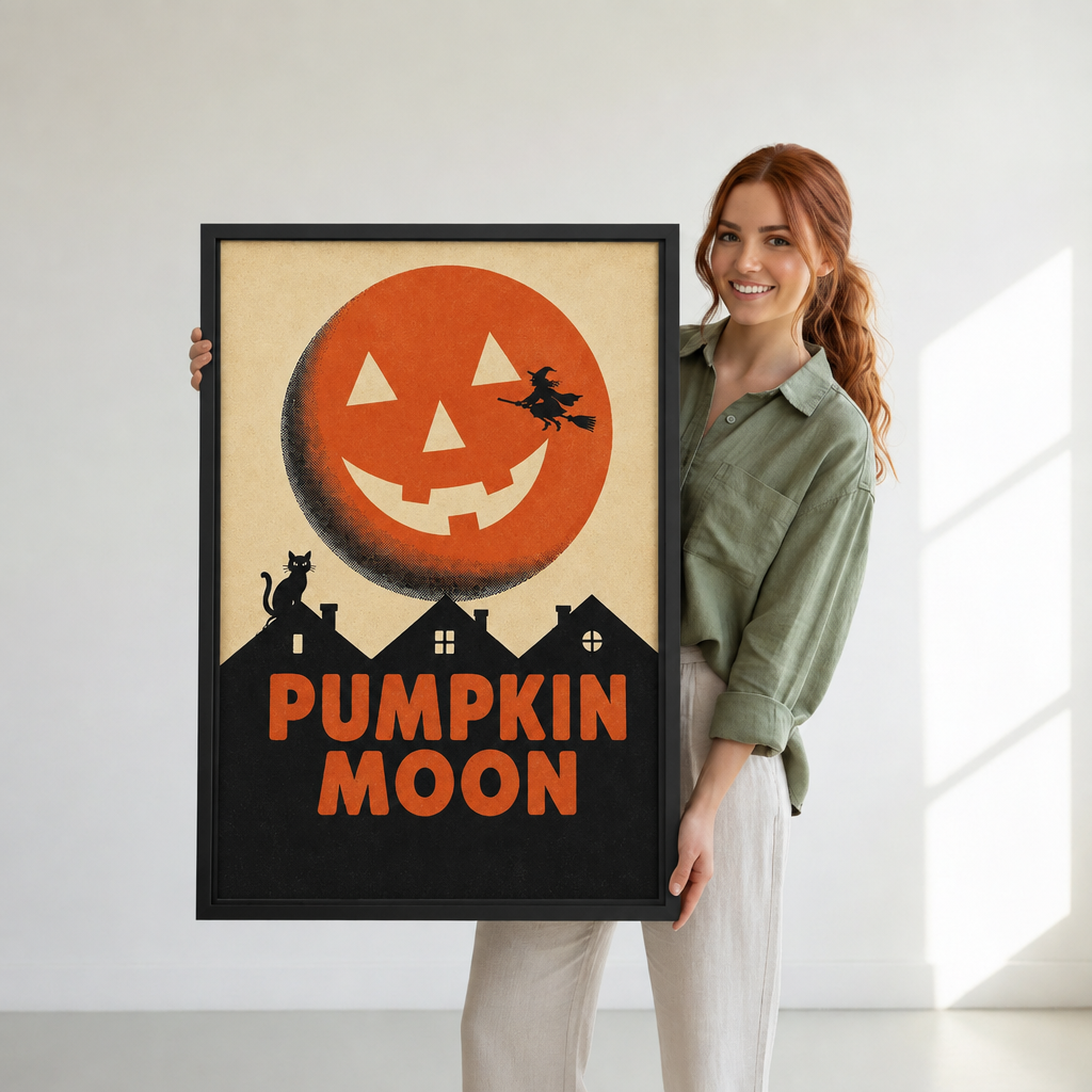 A woman holds Halloween pumpkin moon canvas wall art featuring a witch, black cat, and jack-o’-lantern moon.