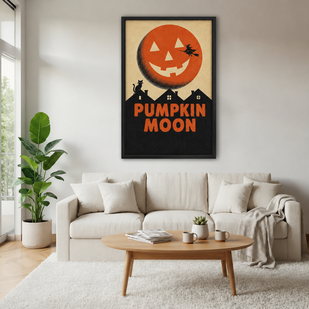ramed Halloween pumpkin moon canvas wall art hangs above a sofa in a bright living room.