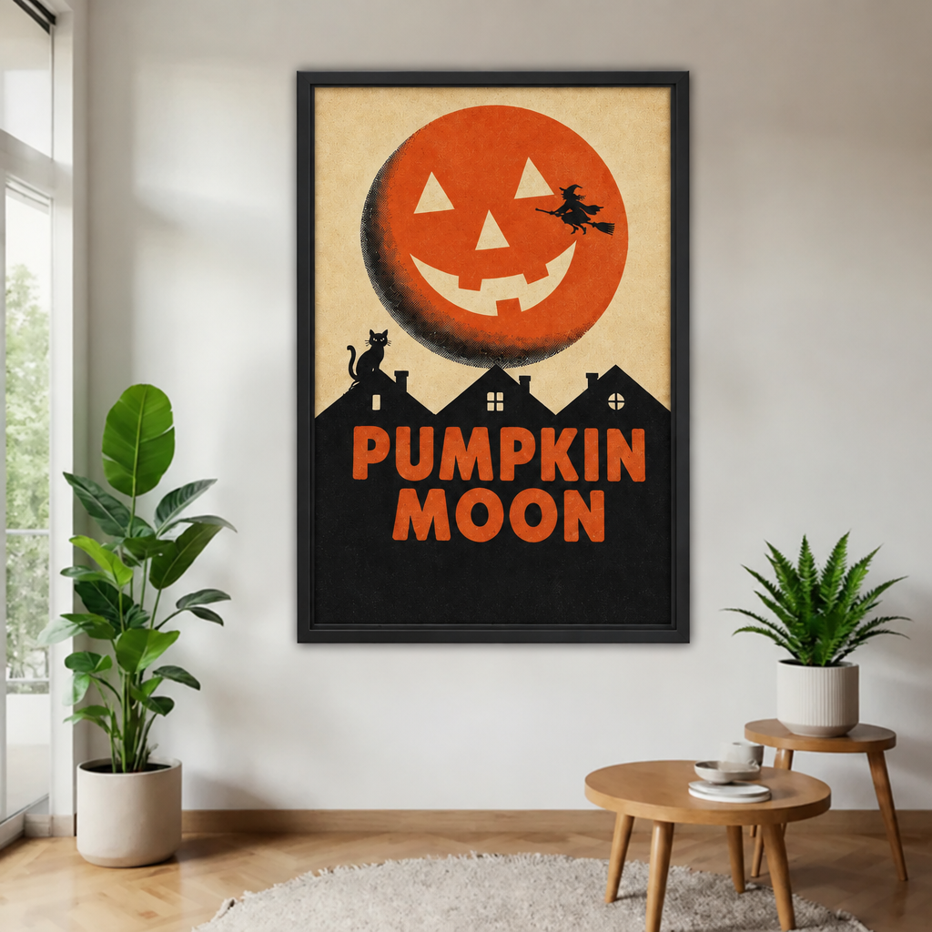 Halloween pumpkin moon canvas wall art in a black frame features a jack-o’-lantern, flying witch, and rooftop cat.