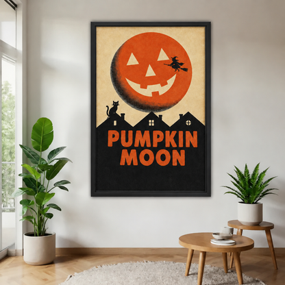 Halloween pumpkin moon canvas wall art in a black frame features a jack-o’-lantern, flying witch, and rooftop cat.