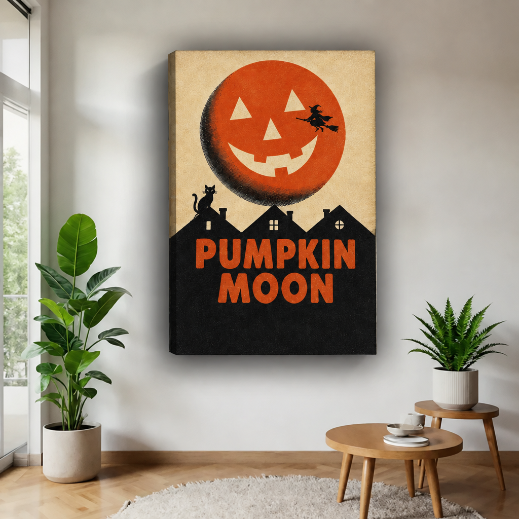 Gallery-wrap Halloween pumpkin moon canvas wall art shows a grinning pumpkin moon above silhouetted rooftops.