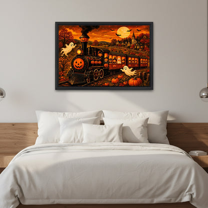 Halloween pumpkin train canvas wall art in a black frame above a white bed with a wooden headboard