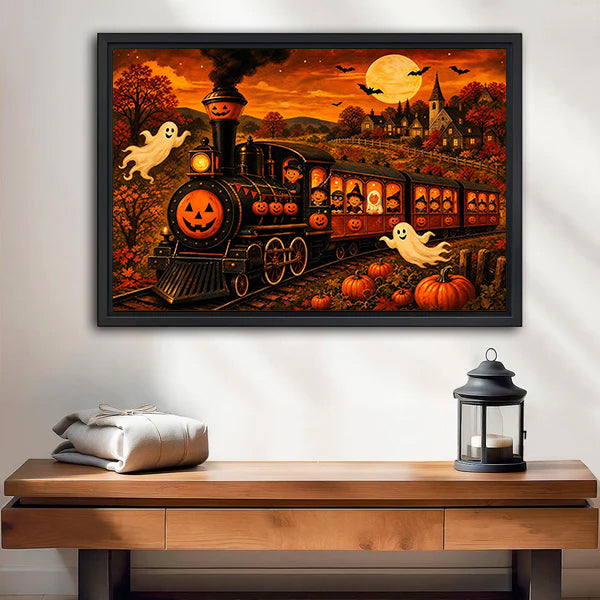 Framed Halloween pumpkin train canvas wall art above a wooden bench with a black candle lantern