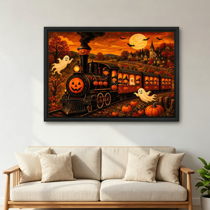 Large framed Halloween pumpkin train canvas wall art in vivid orange tones above a cream living room sofa