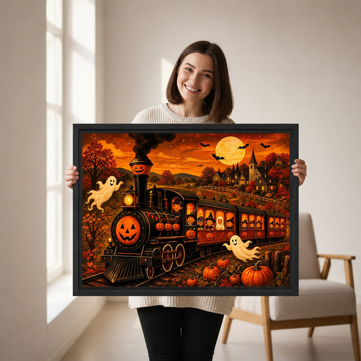 Woman holding framed Halloween pumpkin train canvas wall art featuring friendly ghosts, glowing pumpkins, and a golden moon