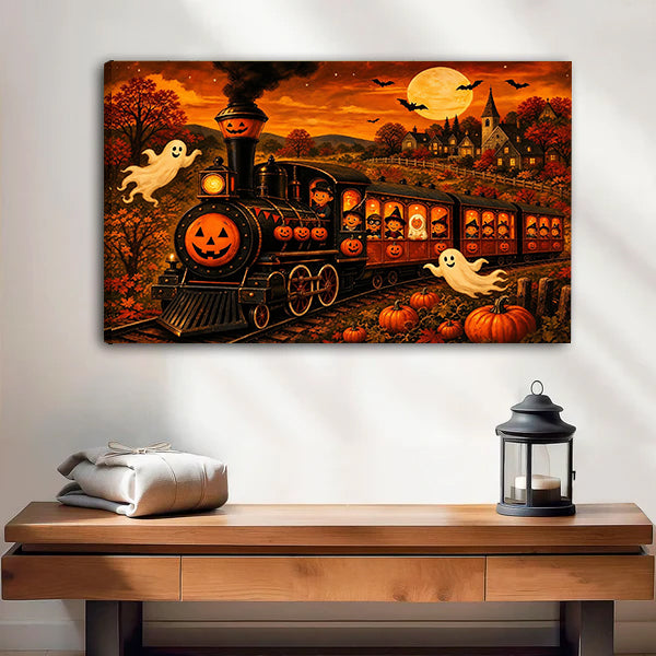 Gallery-wrap Halloween pumpkin train canvas wall art with visible left canvas edge above a wooden bench