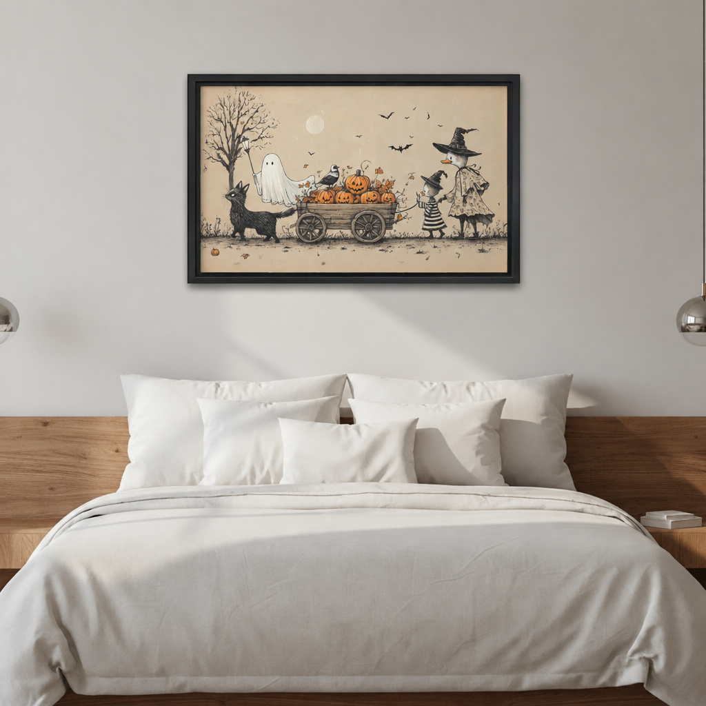  Framed Halloween pumpkin wagon canvas above a bed with white linens.