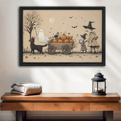 Halloween pumpkin wagon canvas with a ghost and black cat above a wooden console.