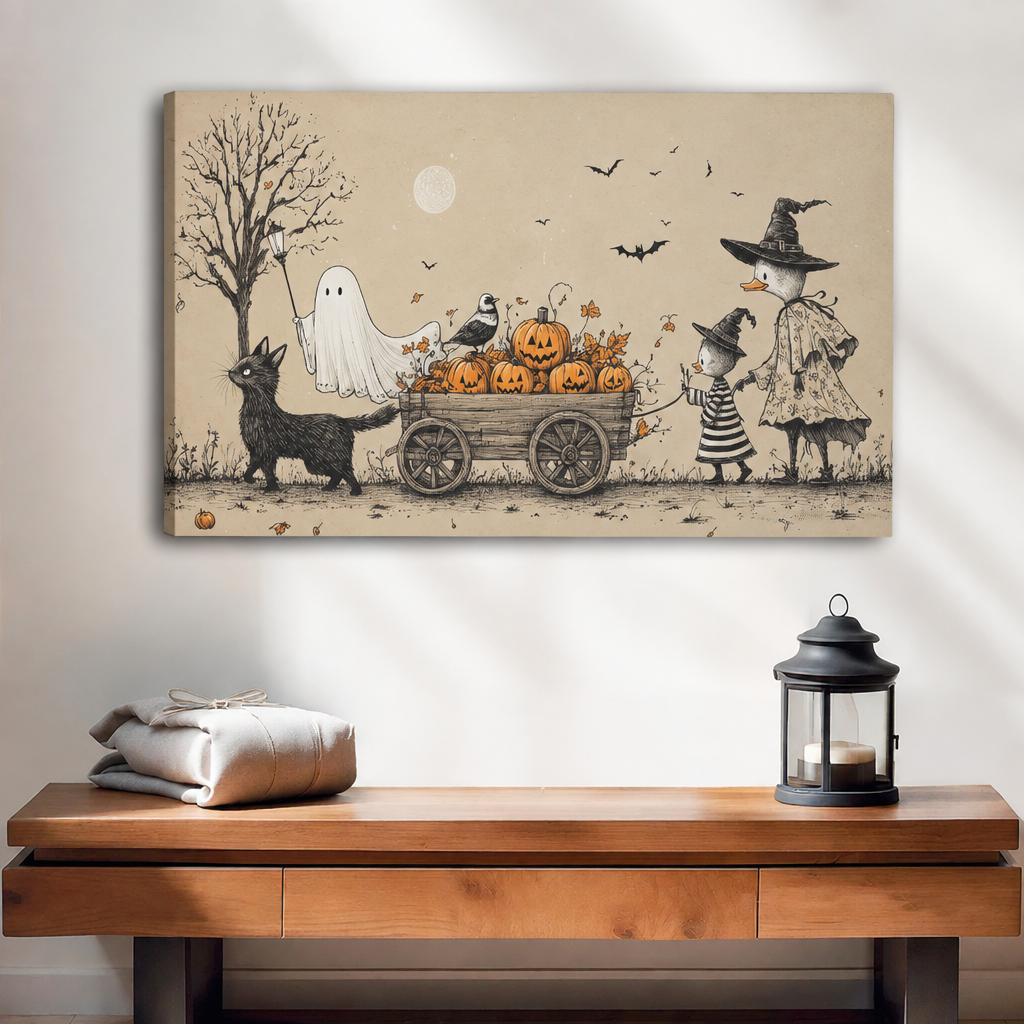 Framed Halloween pumpkin wagon canvas above a wooden console beside a black lantern.
