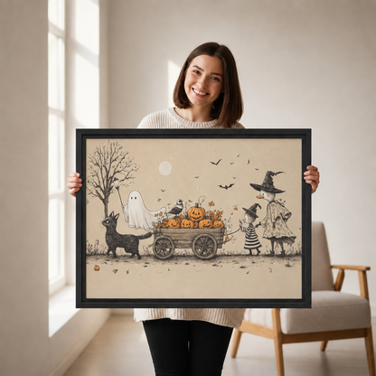  Woman holding framed Halloween pumpkin wagon wall art with a ghost and black cat.
