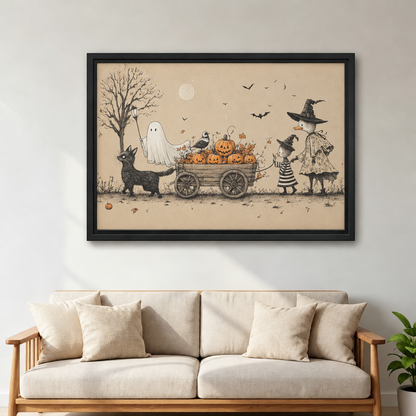 Framed Halloween pumpkin wagon wall art above a cream sofa.