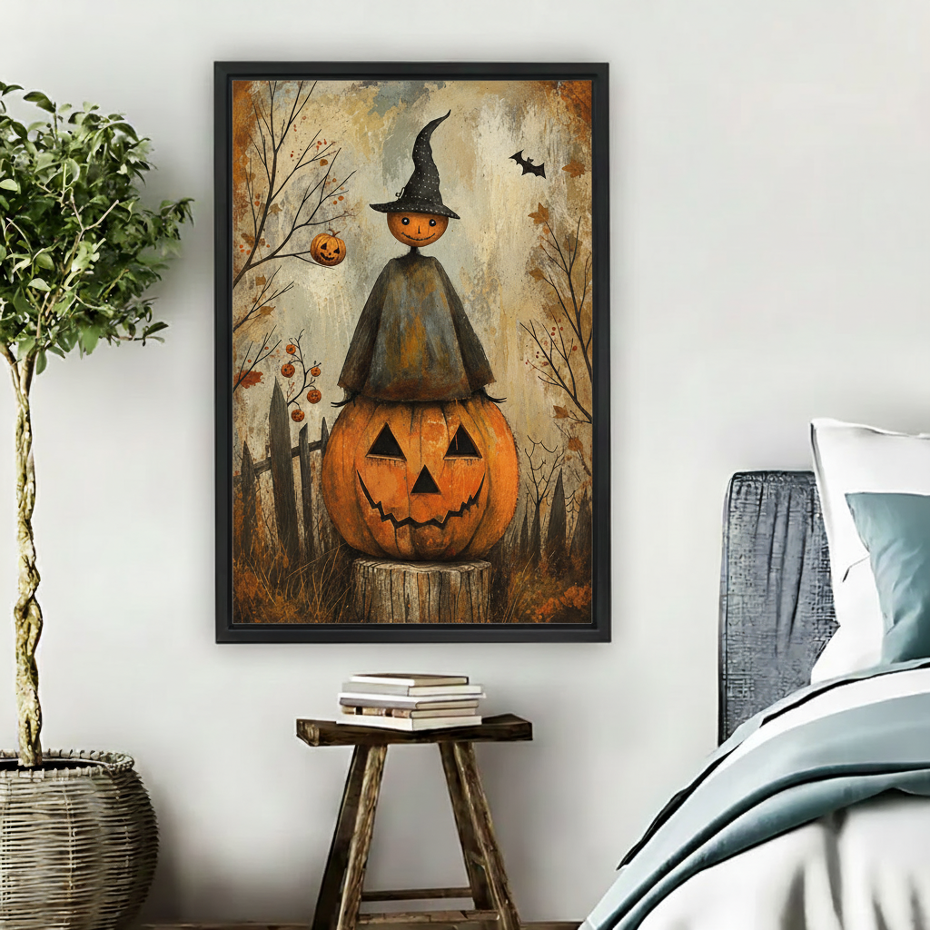 Framed Halloween pumpkin witch canvas wall art displayed in a bedroom with autumn branches and a jack-o'-lantern.