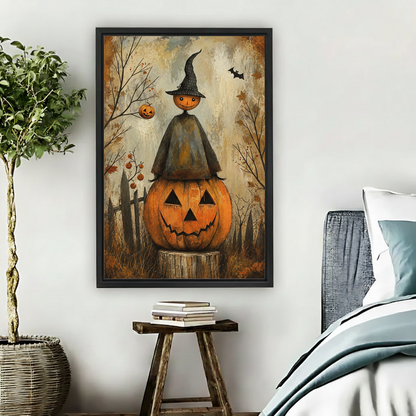 Framed Halloween pumpkin witch canvas wall art displayed in a bedroom with autumn branches and a jack-o'-lantern.