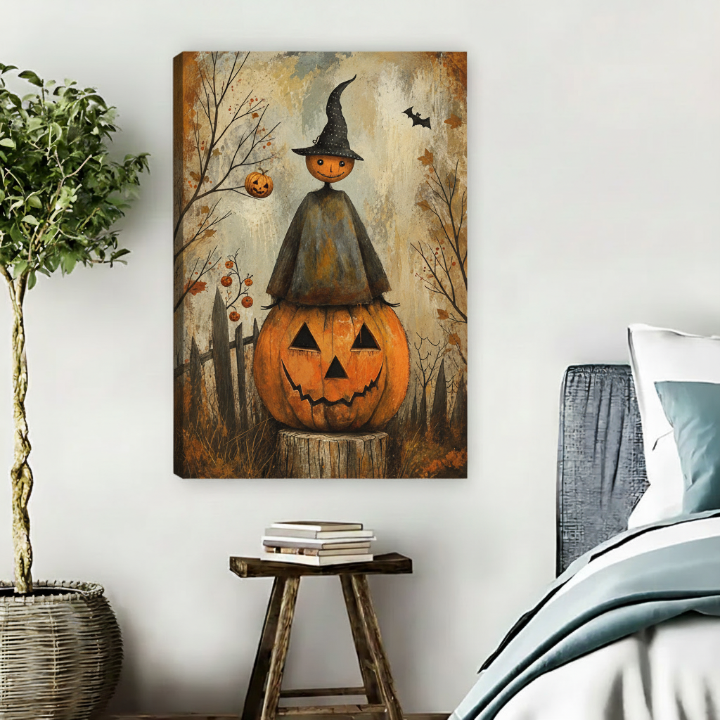 Gallery-wrap Halloween pumpkin witch canvas wall art displayed above a bed with visible canvas depth.